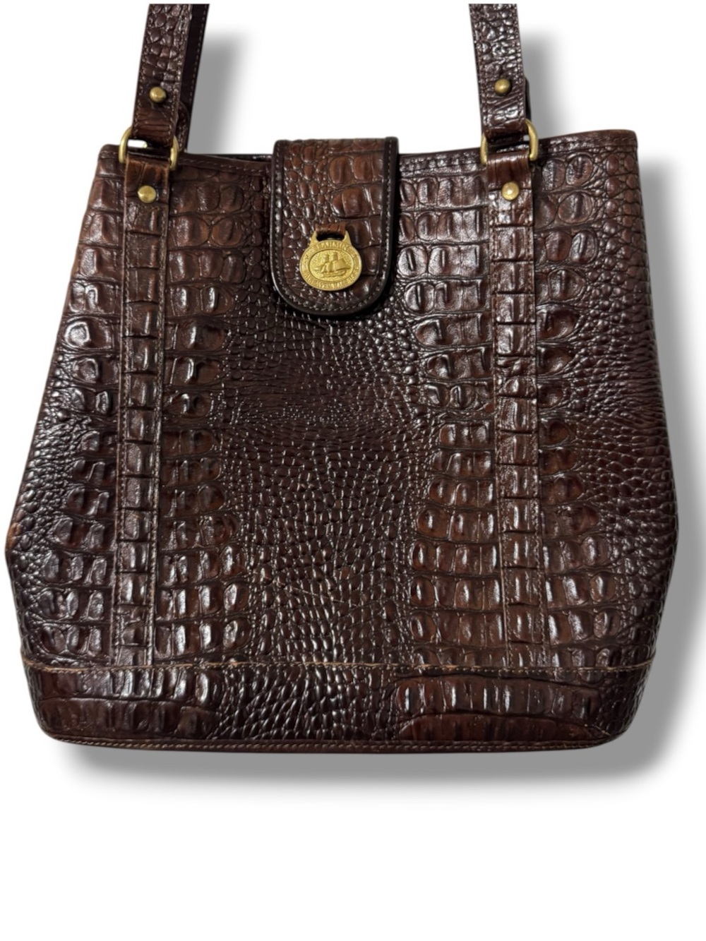 Vintage Brahmin Shoulder Bag Brown Croc Embossed Leather Gold Hardware
